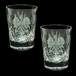 Genuine brilliant Polish 24% lead crystal hand cut with an engraved Polish Eagle and the word Polska on the front and a woven pattern on the reverse. Boxed set of 2.