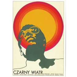 Post Card: Czarny Wiatr, Black Wind, Polish Poster by Andrzej Krajewski in 1970. It has now been turned into a post card size 4.75" x 6.75" - 12cm x 17cm.