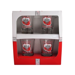 A set of four shot glasses decorated with the Polish eagle on the map of Poland. Polska and Poland inscriptions above and below the eagle. The set is packed in a decorative and sturdy gift box featuring the Polish national colors, red and white.