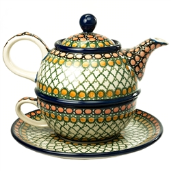 Polish Pottery 20 oz. Personal Teapot Set. Hand made in Poland. Pattern U81 designed by Teresa Liana.