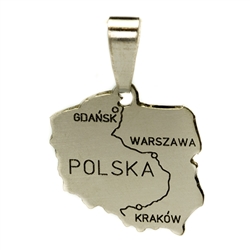 A silver map of Poland featuring the Vistula river and the three major cities along its route: Krakow, Warszawa (Warsaw) and Gdansk.