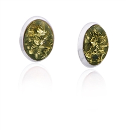 Green amber oval earrings framed with Sterling Silver.