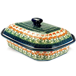 Polish Pottery 12" Covered Baker. Hand made in Poland and artist initialed.