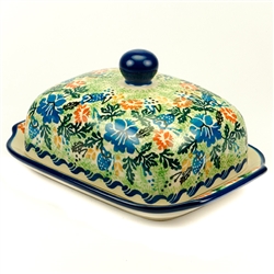 Polish Pottery 7" Butter Dish. Hand made in Poland. Pattern U2502 designed by Zofia Supernak.