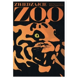 Post Card: Visit the Zoo, Polish Poster designed by Waldemar Swierzy  in 1967. It has now been turned into a post card size 4.75" x 6.75" - 12cm x 17cm.