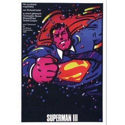 Post Card: Superman 3, Polish Movie Poster designed by Waldemar Swierzy  in 1983. It has now been turned into a post card size 4.75" x 6.75" - 12cm x 17cm.