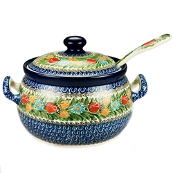 Polish Pottery 11" Soup Tureen with Ladle. Hand made in Poland. Pattern U4475 designed by Maryla Iwicka.