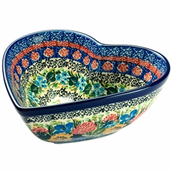 Polish Pottery 7" Heart Shaped Bowl. Hand made in Poland. Pattern U4003 designed by Teresa Liana.