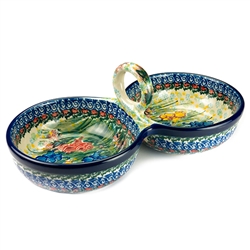 Polish Pottery 10" Double Serving Dish. Hand made in Poland. Pattern U4157 designed by Lucyna Lenkiewicz.