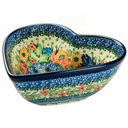 Polish Pottery 7" Heart Shaped Bowl. Hand made in Poland. Pattern U3980 designed by Teresa Liana.