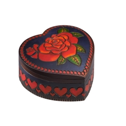 This gorgeous heart shaped box is decorated on the lid with a detailed red rose and green leaves. A red heart pattern adorns the sides of the box. A swiveling lid and a dark purple stain complete the item. Handmade in Poland's Tatra Mountain region.