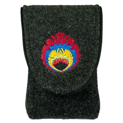 Case is made of thick felt. The main cover is embroidery embellishment (Lowicz flower). Cover trimmed with piping and finished in the middle of the interior lining with the company logo (Farbotka). It has a Velcro fastener.  Fits phones up to 2.5" x 4.75"