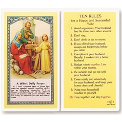 Rules for a Happy and Successful Wife- Holy Card.  Plastic Coated. Picture and prayer is on the front, text is on the back of the card.