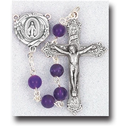 Polish Art Center - 20" 6mm Genuine Gem Stone Amethyst Beads with Deluxe Silver Oxidized Crucifix and Center. It comes with a Deluxe Velvet Box