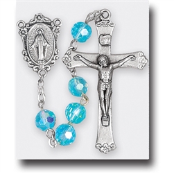 Polish Art Center - 20.5"  7mm Aqua Tin Cut, Multi Faceted Crystal Round Beads with Aurora Borealis and Deluxe Silver Oxidized Crucifix and Center.  It comes with a Deluxe Velvet Box