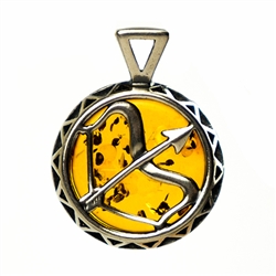 Hand made Cognac Amber Sagittarius pendant with Sterling Silver detail.  November 22 - December 21