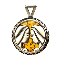 Hand made Cognac Amber Gemini pendant with Sterling Silver detail. May 21 - June 21.