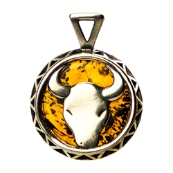 Hand made Cognac Amber Taurus pendant with Sterling Silver detail. April 20 - May 21.