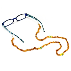 An elegant way to hold onto those glasses. Circular shaped multi-color amber beads including 3 turquoise beads.