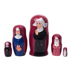 This Nun Nesting Doll realistically depicts 5 nuns in habits and traditional garb, which varies from doll to doll signifying different orders.  The nuns no doubt live in the convent and devote their lives to  prayer, meditation, and helping others.