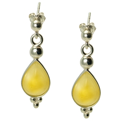 Custard Amber Teardrop Earrings set in sterling silver. Size is approx 1.25" x 0.4". Amber is soft, only slightly harder than talc, and should be treated with care.