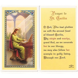 St. Cecilia - Holy Card.  Plastic Coated. Picture is on the front, text is on the back of the card.