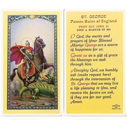 St. George - Holy Card.  Plastic Coated. Picture is on the front, text is on the back of the card.