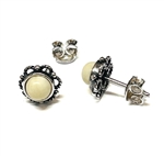 Silver Petal And Custard Amber Stud Earrings 0.4"