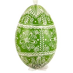 This beautifully designed egg is dyed one color, then white wax is melted and applied to form an intricate design which is left on the surfce. The egg is emptied and strung with ribbon for hanging or you can remove the ribbon.  This is the work of master