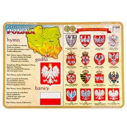 Large and colorful two sided plasticized placemat featuring 16 Polish historical eagles next to the National Anthem. On the reverse side is a modern day political map of Poland and an outline of the present day system of government. Polish language only.