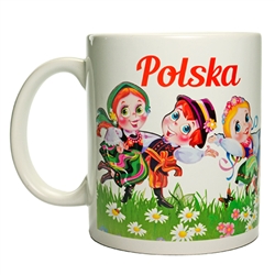 This attractive ceramic mug features three pairs of dancers from the most well known Polish folk regions: Gorale, Krakowiak and Lowicz. Dishwasher safe. Made In Poland.
