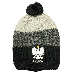 Display your Polish heritage!! Three shades of gray stretch ribbed-knit winter cap with the word Polska and an embroidered Polish Eagle.. Easy care acrylic fabric. Once size fits most. Made In Poland.