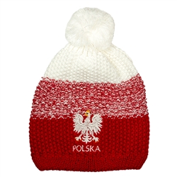 Display your Polish heritage!!  Whiteand red stretch ribbed-knit winter cap with the word Polska and an embroidered Polish Eagle.. Easy care acrylic fabric. Once size fits most. Made In Poland.