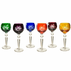 Genuine brilliant Polish 24% lead crystal hand cut with a pinwheel design in a stunning set of (6). These are cased crystal which means that there is an actual layer of colored crystal that is cut through to give the contrast and beauty.