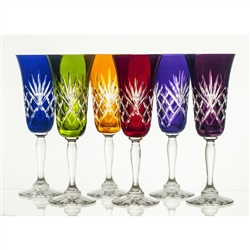 Gorgeous set of six stemmed crystal tulip champagne glasses, in assorted colors: red, amber, emerald green, violet, cranberry and cobalt blue. These wine glasses are genuine Polish lead crystal with a hand-cut pinwheel design.