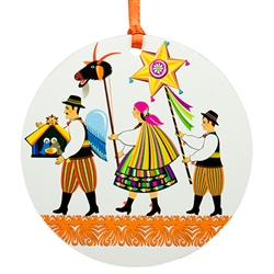 A colorful and light (but sturdy) laminated disc ornament featuring Polish carolers In Lowicz costumes.  Ready to hang with it's own ribbon hanger. Similar to a thin paper coaster approx 3ml thick.  Made in Poland
