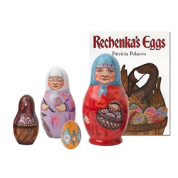 Here is a rare opportunity to get the Rechenka's Eggs book and nesting doll together.  In the book Rechenkas Eggs, author Patricia Polacco tells us about an old woman who paints Ukrainian pisanki Easter eggs, and the magical adventure she has with a wild