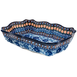 Polish Pottery 11.5" Fluted Rectangular Serving Dish. Hand made in Poland. Pattern U57A designed by Anna Pasierbiewicz.