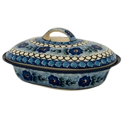 Polish Pottery 10" Covered Oval Baker. Hand made in Poland. Pattern U488 designed by Anna Pasierbiewicz.