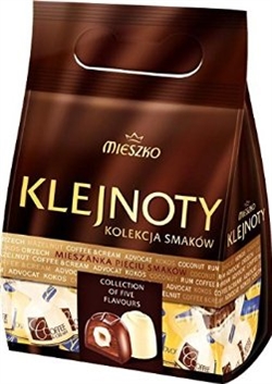 Mieszko Klejnoty, or Jewels, is a selection of assorted chocolate pralines.. The assortment includes of dark and white pralines filled with five different flavors: advocat, hazelnut, coffee with cream, rum, and coconut, all individually wrapped.
