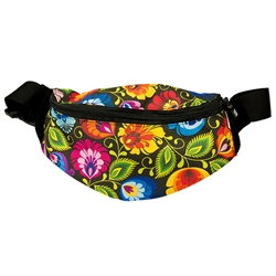 Darling fanny pack decorated with a colorful Wycinanki floral design. 100% polyester and plastic lined. Adjustable heavy duty woven belt. Made in Poland.