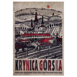 Polish poster designed in 2015 by artist Ryszard Kaja to promote tourism to Poland. Krynica Gorska is the biggest spa town in Poland often called the Pearl of Polish Spas. It has now been turned into a post card size 4.75 x 6.75