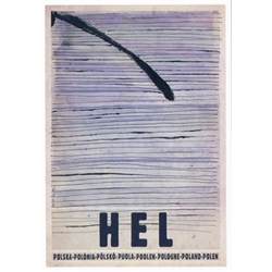 Polish poster designed in 2015 by artist Ryszard Kaja to promote tourism to Poland.
Hel Peninsula is a 35-km-long sand bar peninsula in northern Poland separating the Bay of Puck from the open Baltic Sea.  It has now been turned into a post card size