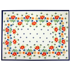 Large Polish cloth placemat featuring Polish stoneware colors and floral design. This material is 100% polyester.. Made in Poland.