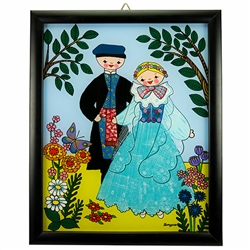 Painting on glass is a popular Polish form of folk art by which the artist paints a picture on the reverse side of a glass surface. This beautiful painting of a couple dressed in Zywiec costumes is the work of artist Ewa Skrzypiec from the town of Nowy Sa