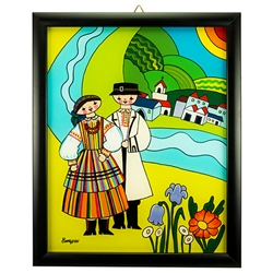 Painting on glass is a popular Polish form of folk art by which the artist paints a picture on the reverse side of a glass surface. This beautiful painting of a couple dressed in Opoczno costumes is the work of artist Ewa Skrzypiec from the town of Nowy