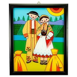 Painting on glass is a popular Polish form of folk art by which the artist paints a picture on the reverse side of a glass surface. This beautiful painting of a couple dressed in costumes from the Tatry Mountain region is the work of artist Ewa Skrzypiec
