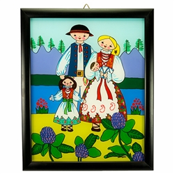Painting on glass is a popular Polish form of folk art by which the artist paints a picture on the reverse side of a glass surface. This beautiful painting of a Polish mountaineer family is the work of artist Ewa Skrzypiec from the town of Nowy Sacz in