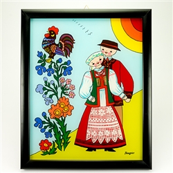 Painting on glass is a popular Polish form of folk art by which the artist paints a picture on the reverse side of a glass surface. This beautiful painting of a courting couiple  dressed in Nowy Sacz costumes is the work of artist Ewa Skrzypiec from the