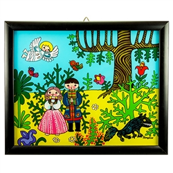 Painting on glass is a popular Polish form of folk art by which the artist paints a picture on the reverse side of a glass surface. This beautiful painting of children dressed in Nowy Sacz costumes is the work of artist Ewa Skrzypiec from the town of Nowy